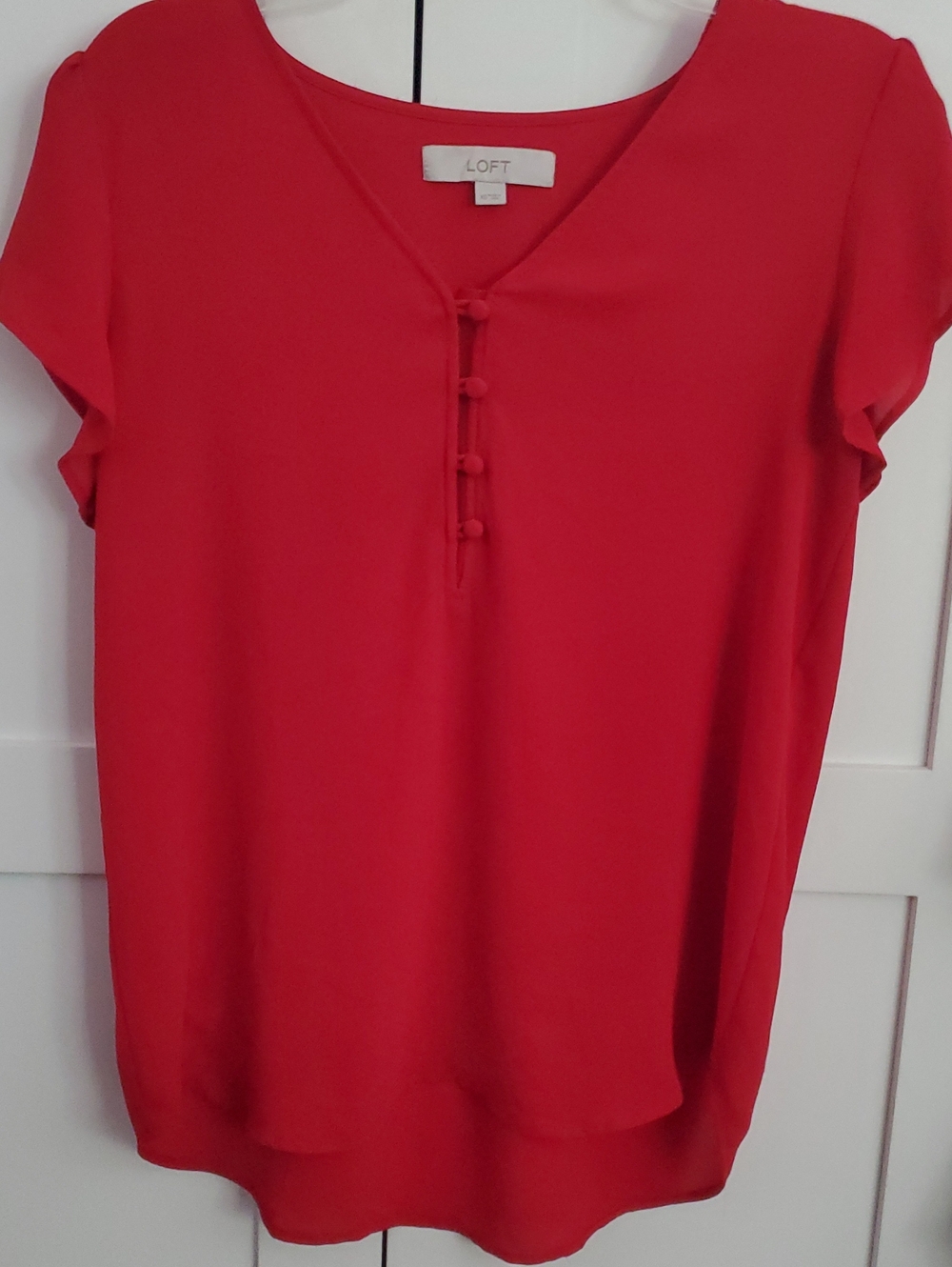 LOFT Bright Red Short-Sleeve V-Neck Blouse with Covered Buttons